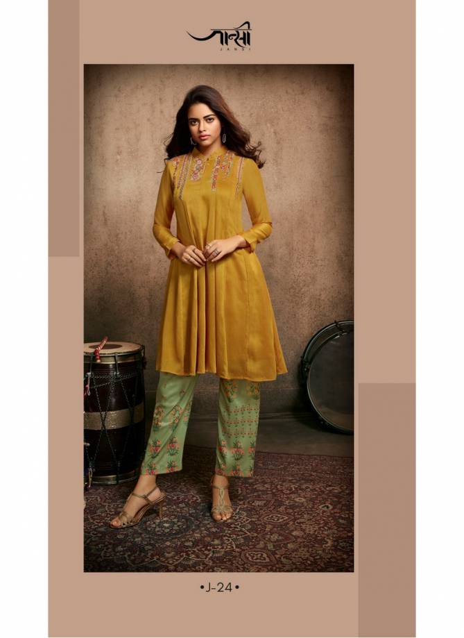 Jansi Tanaaz Designer Exclusive Berry Silk With Embroidery Work Kurti With Bottom Collection 
